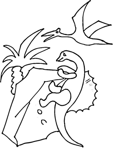 Pterodactyl Over Dinosaur  Coloring Page